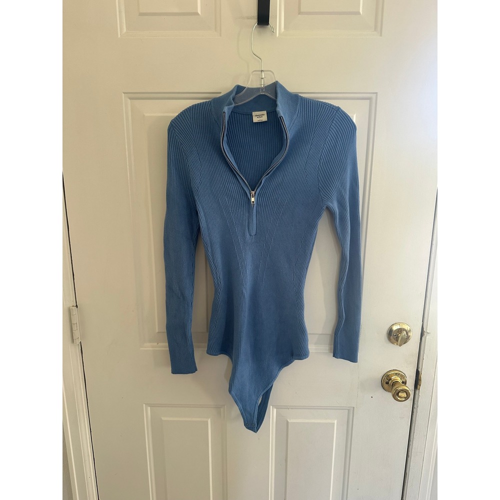 Abercrombie & Fitch Womens Blue Ribbed Half Zip Long Sleeve Bodysuit Large